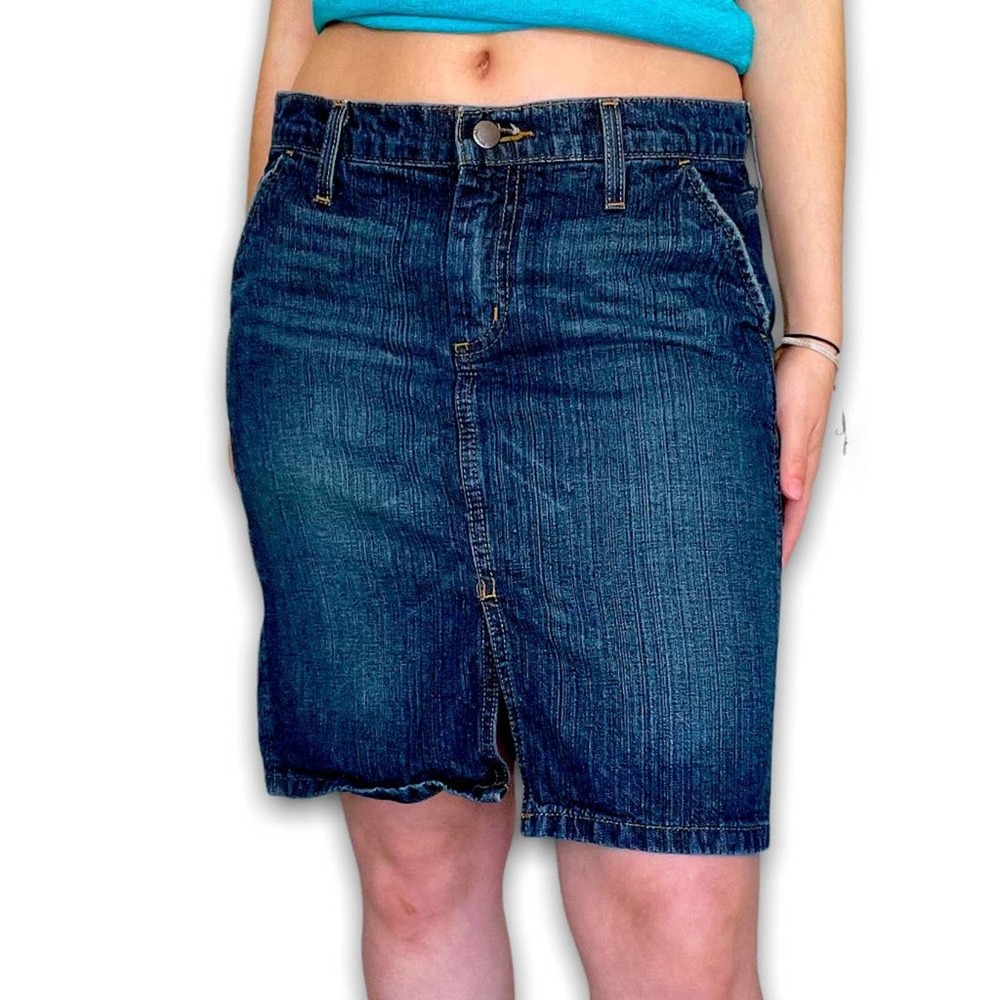 Vintage Y2K Mossimo Blue Whiskered Denim Knee Length Front Slit Skirt